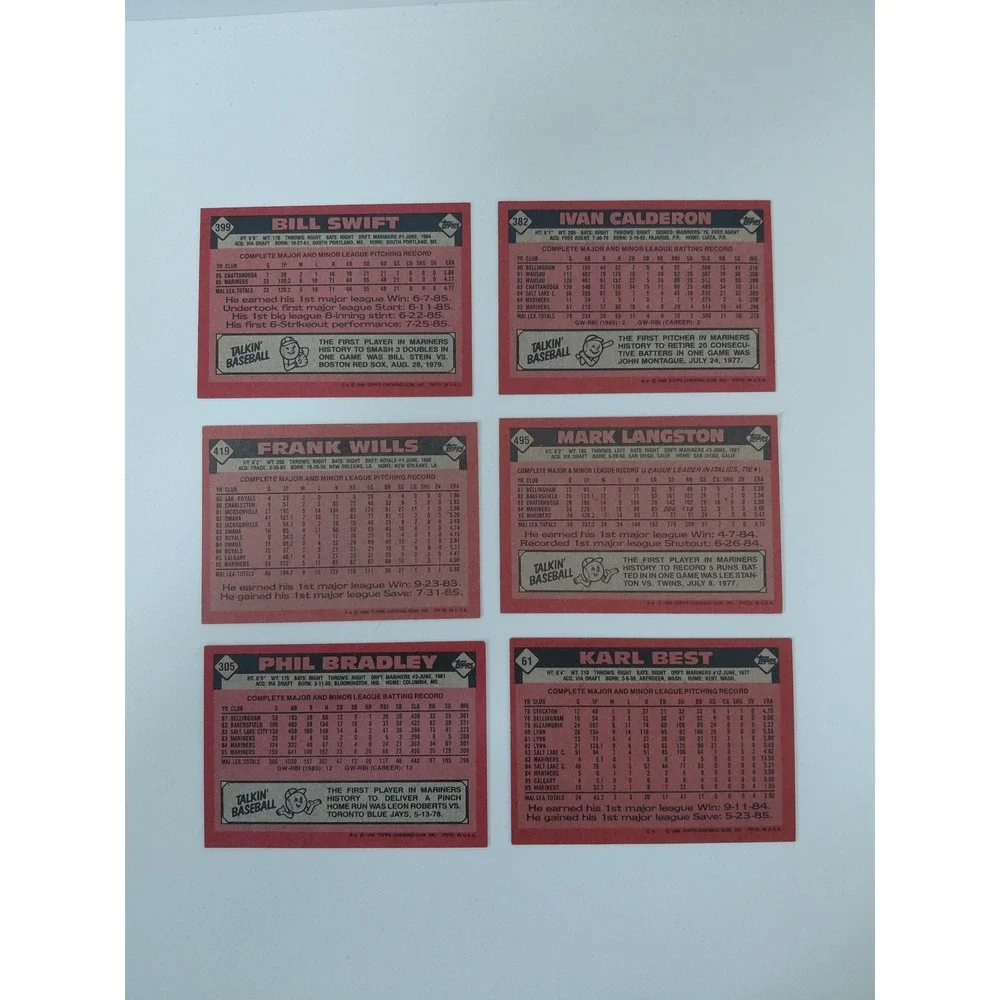 1986 Topps Seattle Mariners Baseball Card Lot of 6 Langston Swift Bradley Wills